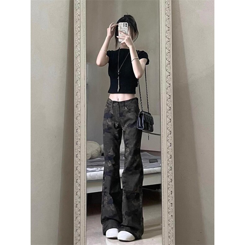 美式复古迷彩工装微喇牛仔裤女喇叭裤拖地裤子KZ144-P45,男装牛仔裤,星座308B-2