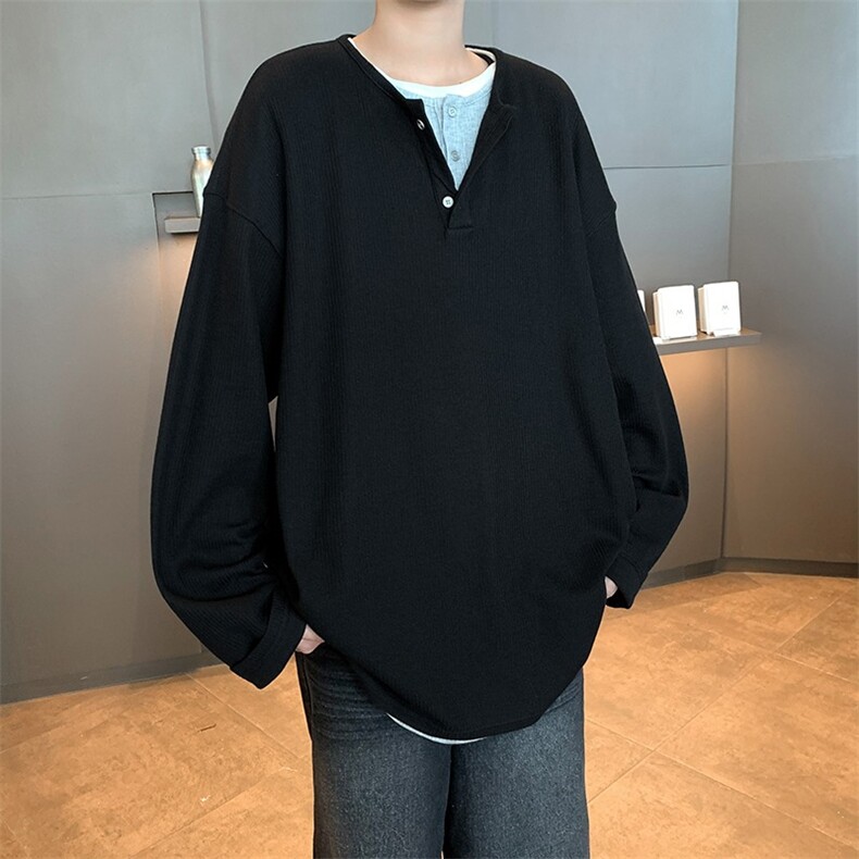假两件亨利领设计感T恤男春秋新款宽松休闲长袖上衣潮ST484-P53,男装T恤,星座412-3