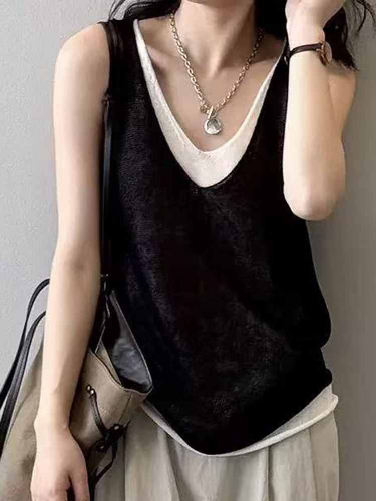 新款v领无袖吊带时尚百搭修身型,女装T恤,锦弘羊绒