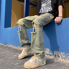 破洞牛仔裤男韩版潮流高街帅气2026夏季新款ins宽松长裤RK451-P41，男装牛仔裤，星座412