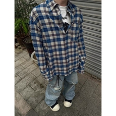 美式格子长袖衬衫男vintage蓝色情毛边外套薄款宽松型C352，男装衬衫，星座1116A（原606A-3）