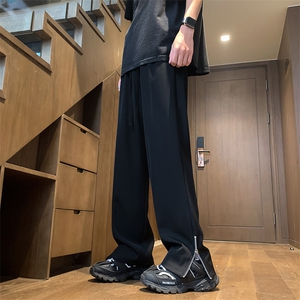 夏季冰丝松紧腰休闲裤侧拉链直筒垂感西裤XZ-221-1-K1502-P45控58图片