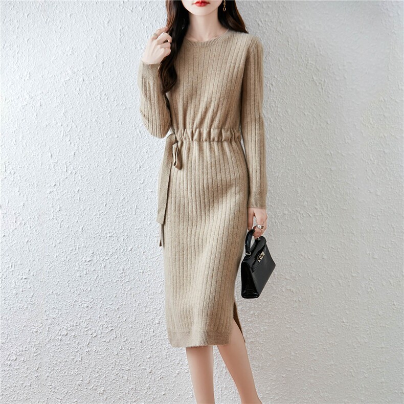 2025年秋季中长款长袖圆领腰带款时尚百搭通勤，女装连衣裙，绒汀羊绒