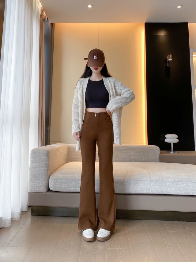 2025秋冬新品双股纱线羚长腿微喇裤女休闲直筒高腰裤,女装休闲裤,东正羊绒