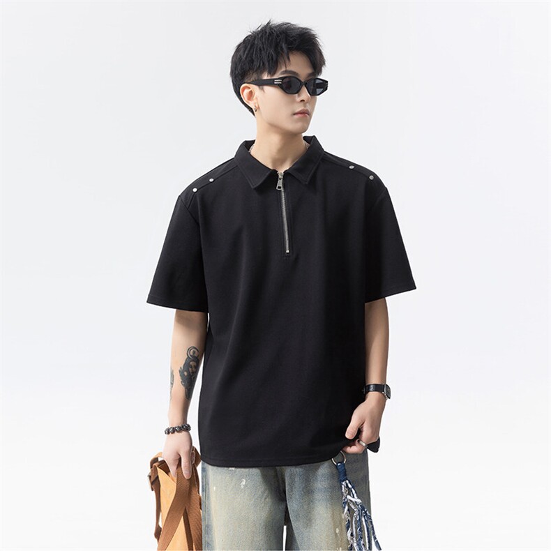 2025夏季新款港风日系半拉链翻领短袖T恤男潮XZ213-TX19-P35控58,男装T恤,星座213