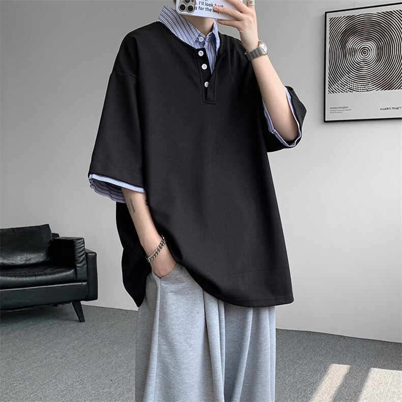 8XL-M假两件衬衫领短袖T恤大码夏季条纹拼接polo衫半袖DX1211/P45,男装T恤,电商B238