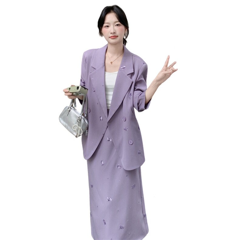 超好看紫色西装套装女2025秋季新款少女感小清新西服半身裙两件套,女装套装/套裙,2C176