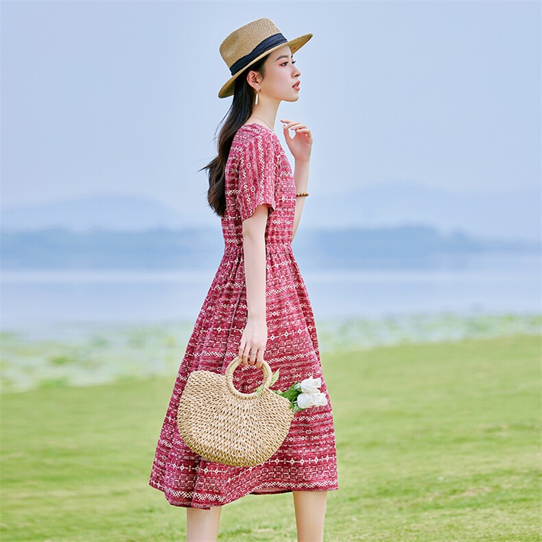 棉麻连衣裙夏装2025新款高级感大码女装气质法式小众设计碎花裙子,女装连衣裙,铭街依杨