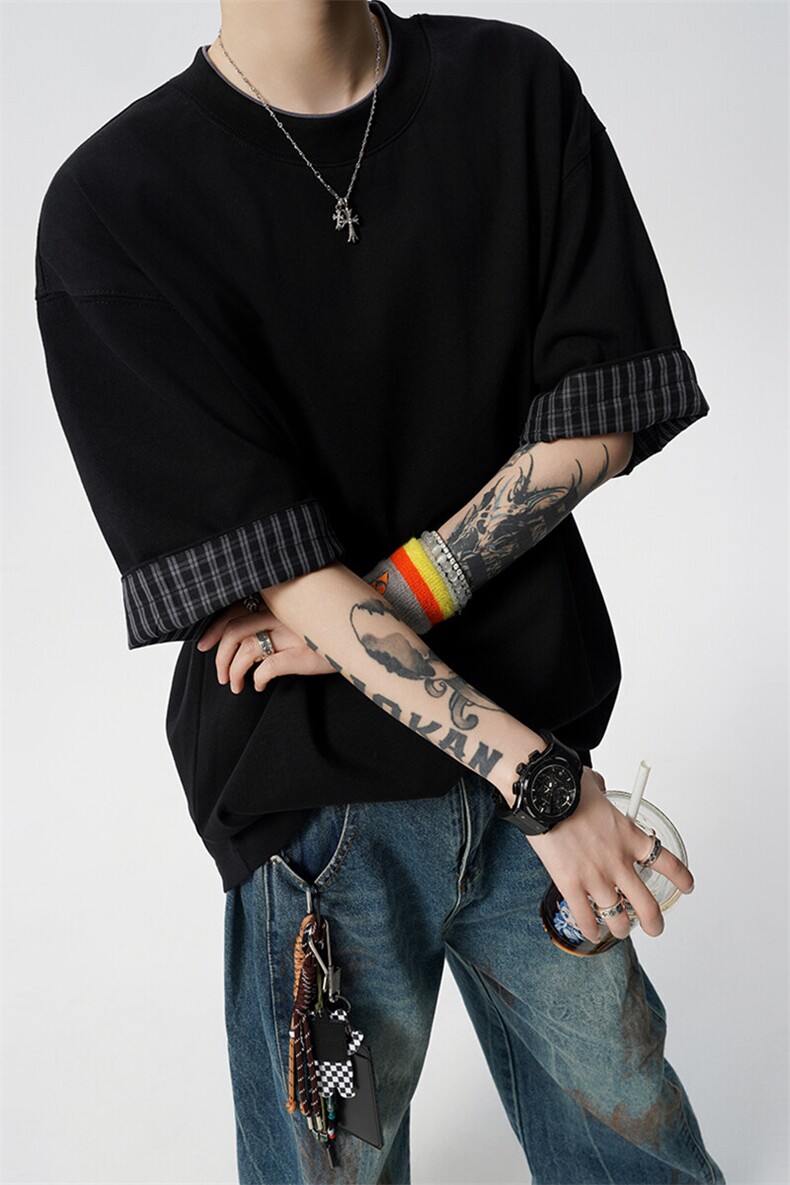 8XL-M格子翻边设计短袖tee男同款文艺休闲T恤上衣半截袖男DX342,男装T恤,电商D206-1