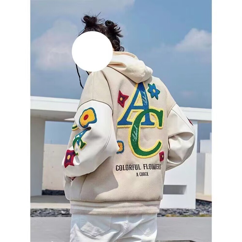美式休闲彩虹碎花系列毛巾绣植绒夹克杏色单排扣棒球服外套,女装卫衣/绒衫,星座218-8