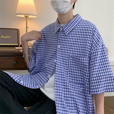 2025夏季新款格子宽松大码短袖衬衫潮衬衣A017C10P45，男装T恤，电商A017