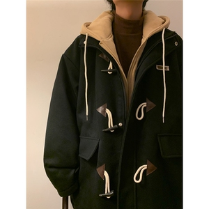 EQ160冬季呢大衣男假两件牛角扣撞色毛呢外套小众设计感棉衣P148,男生休闲西装搭配帆布鞋图片图片