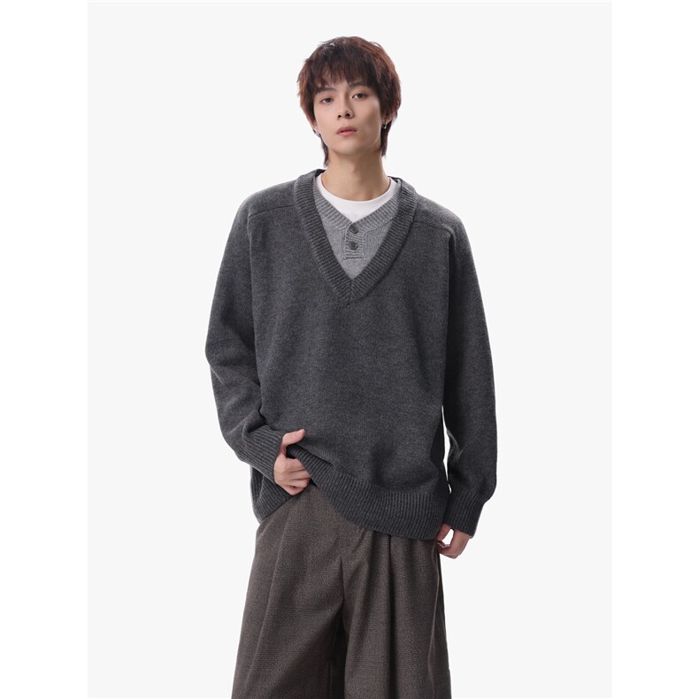 1303B-MY826-P5598重磅老钱风V领毛衣假两件毛衣男女针织衫,男装针织衫/毛衣,星座1303B