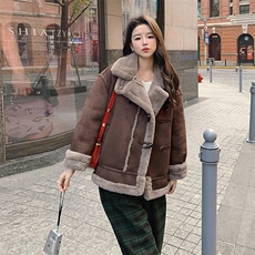皮毛一体外套女中长款2023冬季新款麂皮绒仿羊羔毛上衣，女装皮草，秋水欣儿