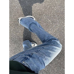 夏季新款美式牛仔裤男高街复古vibe修身直筒闪电纹微喇裤 NY9269图片