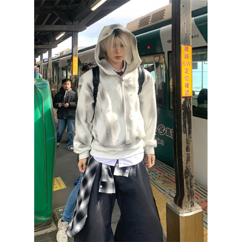 复古扎染珍珠点缀喷绘连帽卫衣男女休闲百搭宽松开衫上衣WA242,男装卫衣,星座1116A（原606A-3）