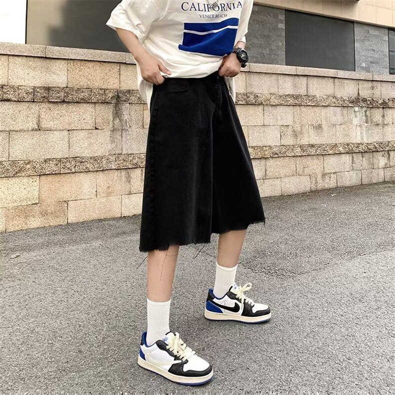 嘻哈复古夏季五分裤毛边水洗牛仔裤宽松直筒短裤男女同款裤子,男装牛仔裤,星座410-6（原星座1304-1）