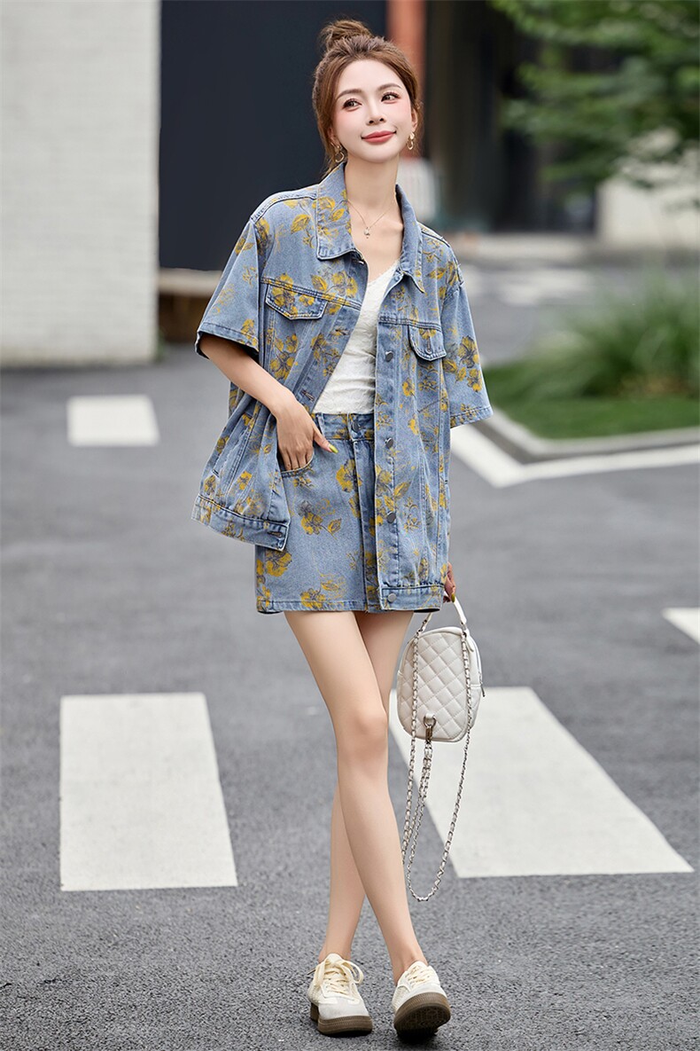 日本代购港风复古时髦印花牛仔套装女夏独特甜酷小个子短裙两件套,女装套装/套裙,仟媚宠