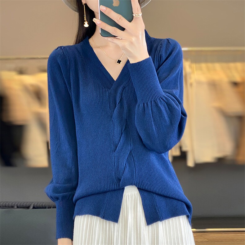 新款女毛衣打底衫宽松显瘦针织衫V领扭花百搭长袖,针织衫/毛衣,佳绒包芯纱店