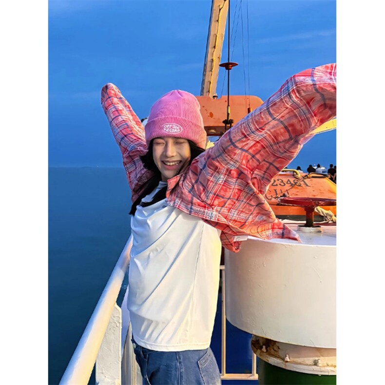 粉色扎染格子衬衫女款秋季海边出片穿搭长袖衬衣美式复古情侣外套,男装衬衫,星座603-2
