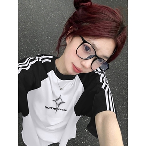 夏季美式高街重磅纯棉三条杠织带插肩撞色男女短袖T恤 CZ03-特P25图片