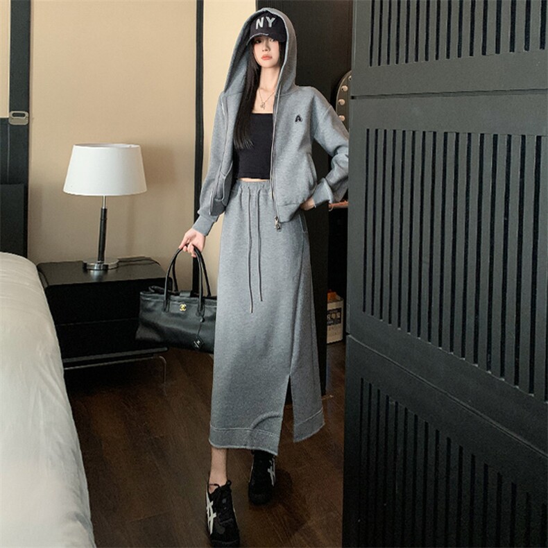 女春简约气质连帽拉链开衫卫衣半身裙两件套,女装套装/套裙,江南
