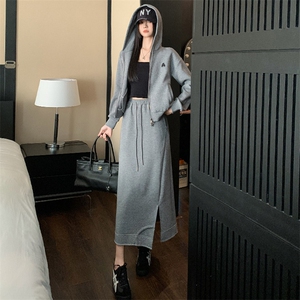 女春简约气质连帽拉链开衫卫衣半身裙两件套