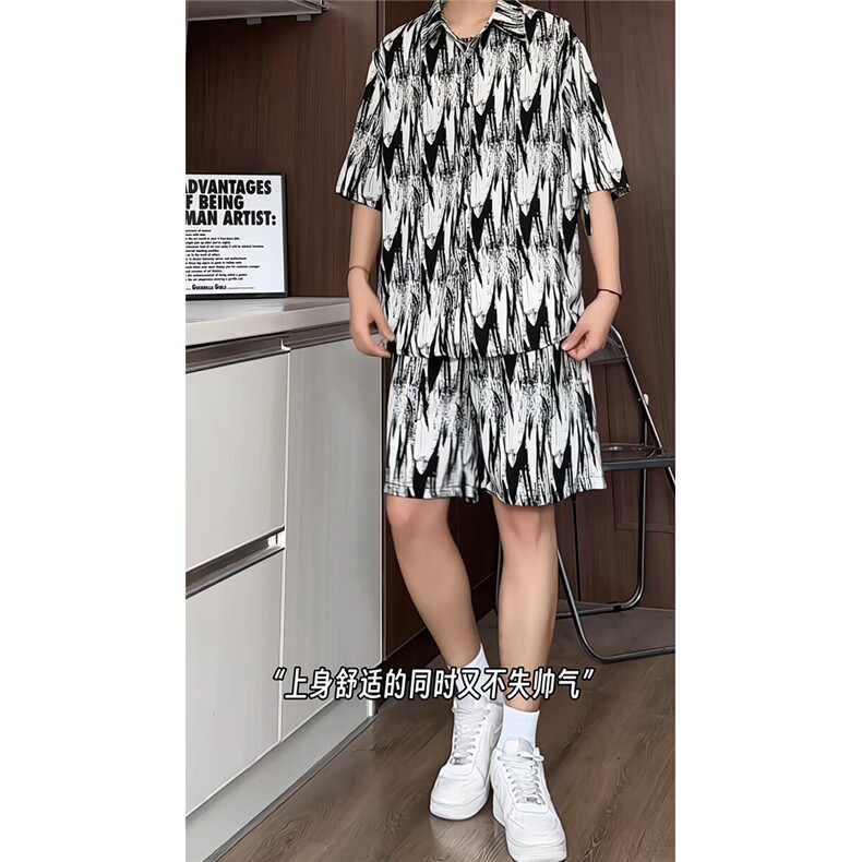 短袖衬衫男+短裤男套装男100%聚酯纤维M-5XL大码TZ78721P50控98图片
