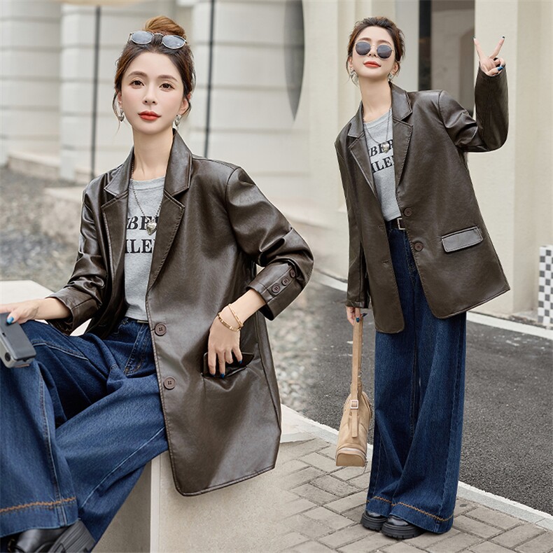 西装皮衣女款2025新款春秋咖色小个子阔版宽松PU机车服皮夹克外套,女装皮衣,江南女神