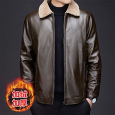 加绒加厚皮衣男士休闲翻领免打理爸爸冬装外套中老年冬季皮夹克男，男装皮衣，电商B212（原钱塘6029）