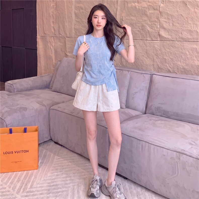 女夏新款时尚减龄套装圆领侧绑带晕染设计短袖上衣蕾丝短裤两件套,女装套装/套裙,江南
