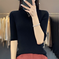 无缝精纺修身短袖立领紧身弹力t恤女2025秋季针织打底衫毛衣内搭，女装针织衫/毛衣，暖烁羊绒