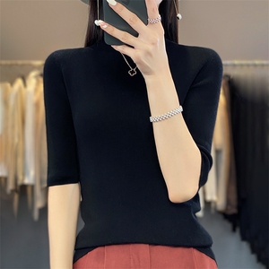 无缝精纺修身短袖立领紧身弹力t恤女2025秋季针织打底衫毛衣内搭图片