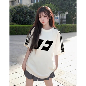抖音得物高品质二开240克宽松纯棉美式潮牌三条杠织带短袖T恤图片