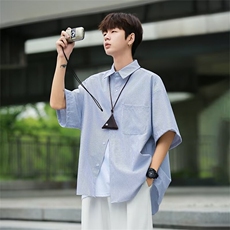 wassuphappy条纹短袖衬衫男款夏季日系cityboy潮流宽松休闲外套，男装衬衫，星座1116-2