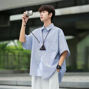 wassup happy条纹短袖衬衫男款夏季日系cityboy潮流宽松休闲外套图片