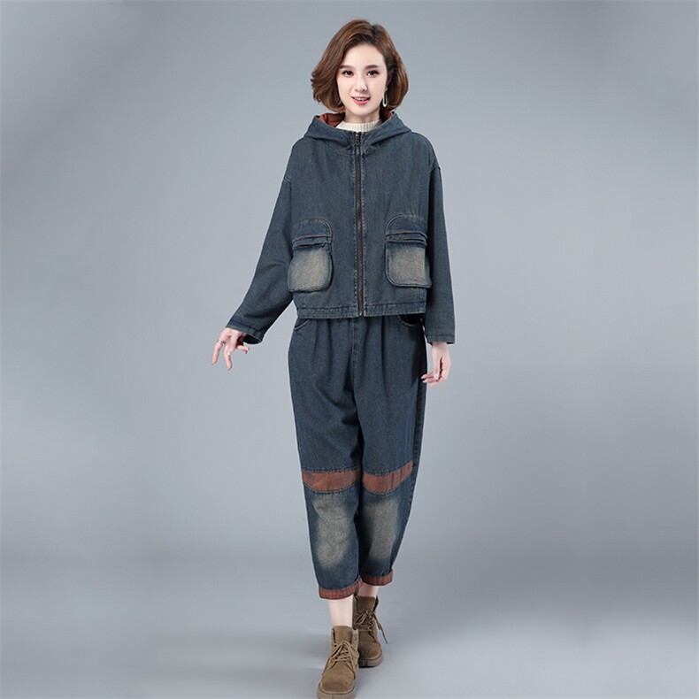 2023冬季新款宽松休闲撞色牛仔套装舒适保暖套装,女装套装/套裙,叶笙衣