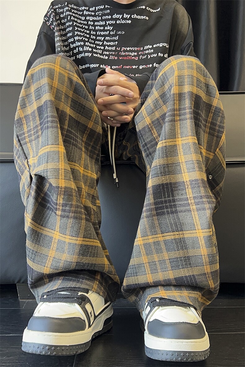 复古格子裤秋季褶皱伞兵休闲裤直筒拖地裤A486特P45控68,男装休闲裤,电商A309