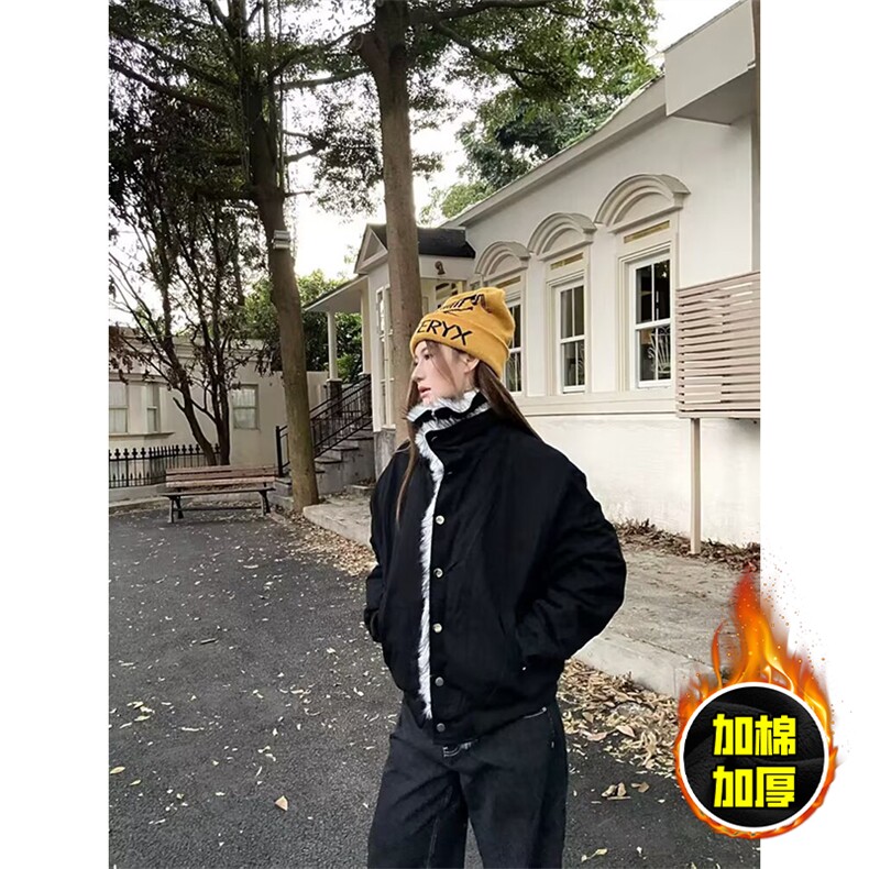 现货高品质美式高街重磅狼王座山雕毛毛领假两件棉衣加厚棉服外套图片