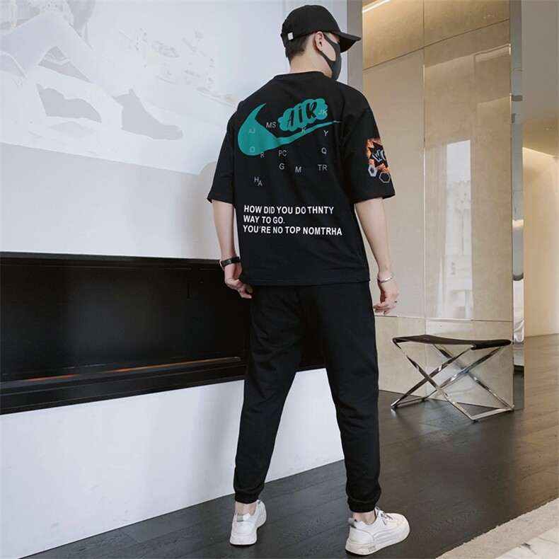 2023夏季潮流时尚T恤男装青少年宽松休闲ins圆领套装F309P68,男装休闲套装,电商A086