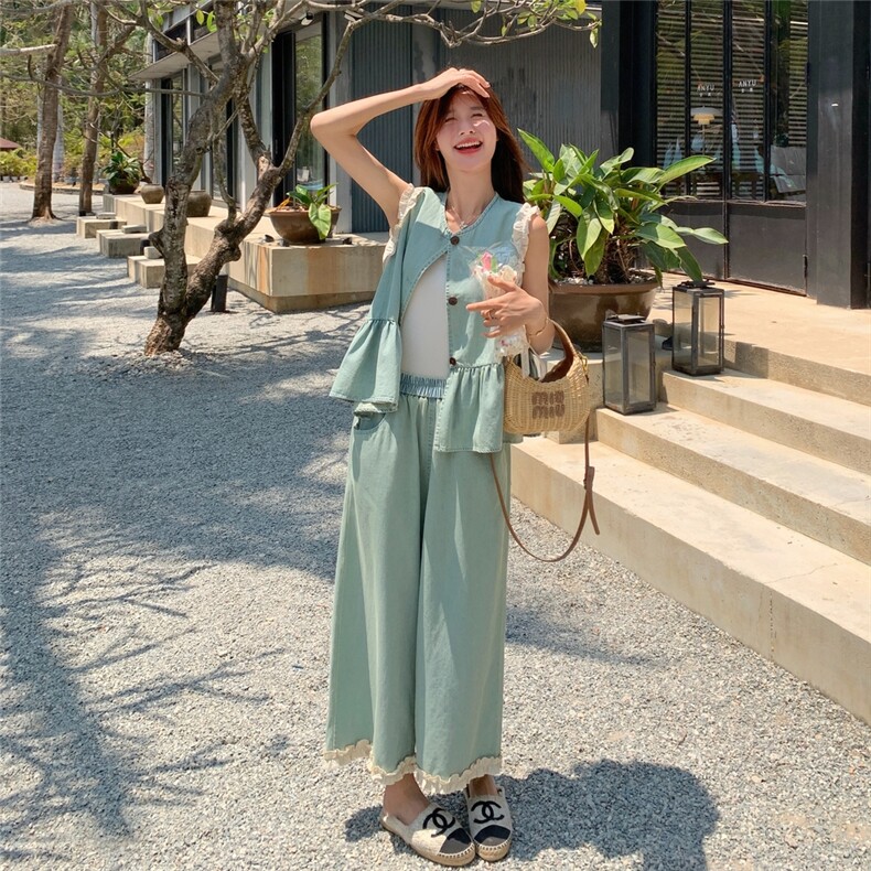 韩系花边拼接牛仔套装裤女薄款2025夏季新款马甲阔腿裤时尚两件套,女装套装/套裙,2D076