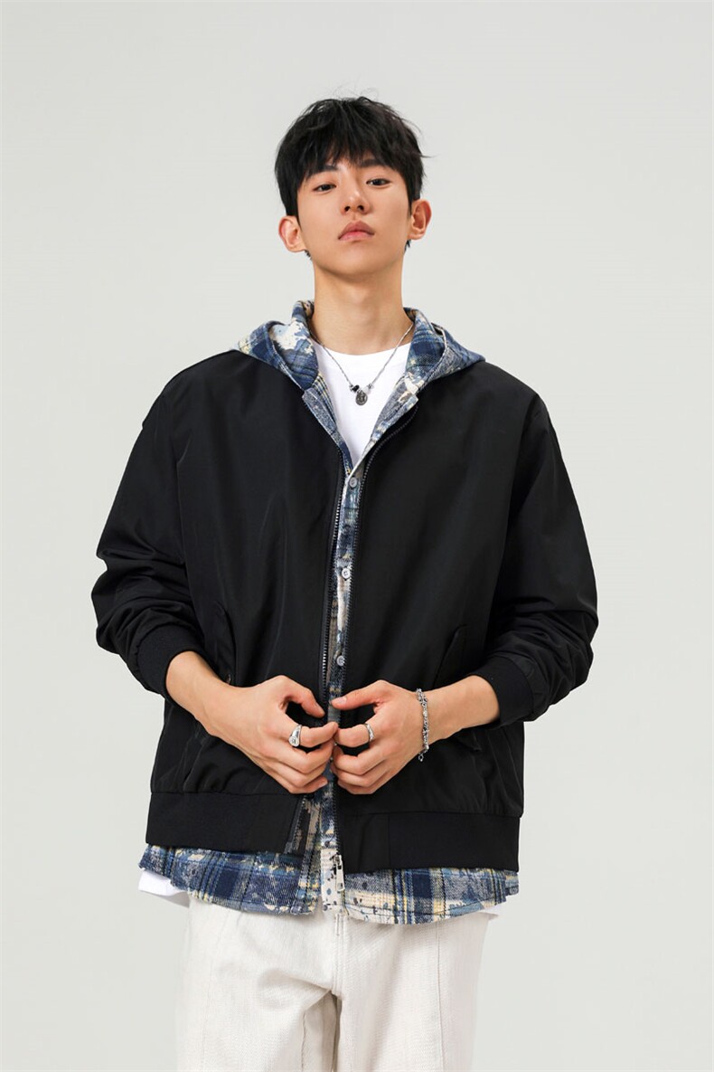 可二开假两件格子拼接大码M-5XL夹克100%聚酯纤维JK78094P75控118,男装夹克,星座226-1