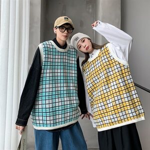 韩版格子背心情侣无袖针织衫加厚潮流毛衣男女上衣外套QT801-P55图片