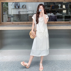 法式设计感不规则流苏拼接刺绣连衣裙女2025夏季新款绝美显瘦长裙，女装连衣裙，2C323