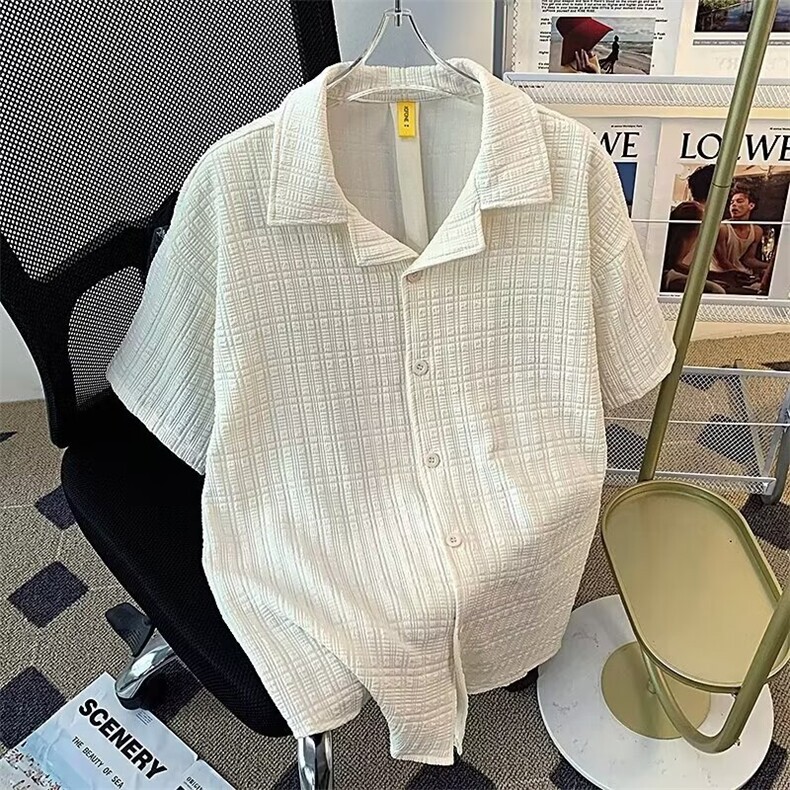 格子短袖衬衫男夏季薄款宽松痞帅ins韩暗格纹衬衣百搭潮流上衣,男装衬衫,星座1013