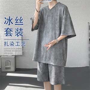 特批P50无差价夏季百搭冰感冰丝扎染纹理感大码两件套装男TZ5367图片