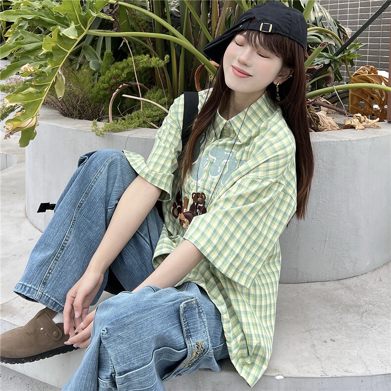 CEDY夏季美式童趣小熊刺绣格子翻领短袖衬衫美拉德古着学院衬衣,男装衬衫,星座1210-1