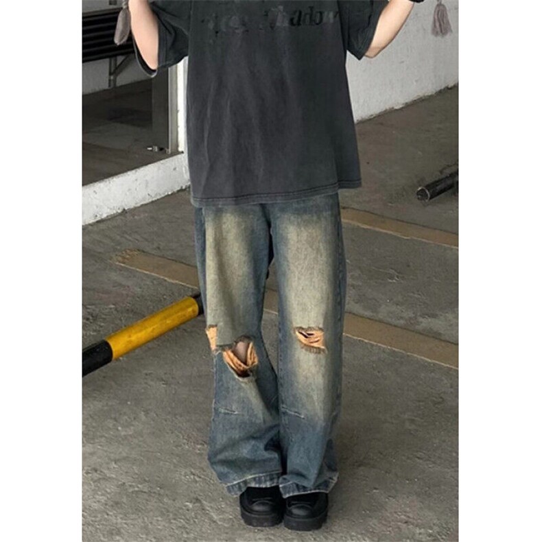 复古水洗破洞牛仔裤男女夏季高腰宽松显瘦直筒阔腿拖地裤 NY9069图片