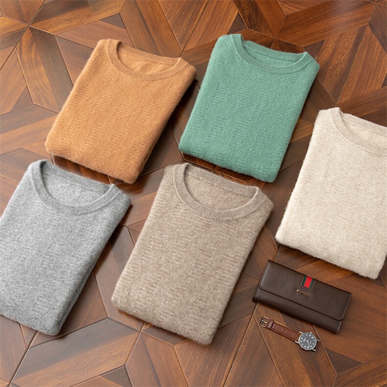 100%纯棉线针织毛衣秋冬季圆领套头疙瘩针全棉线上衣男内搭打底衫，男装羊毛衫，梵泰羊绒