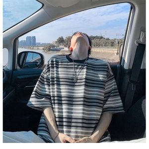C540P35夏季新款圆领t恤韩版男生条纹宽松短袖潮流凉感舒